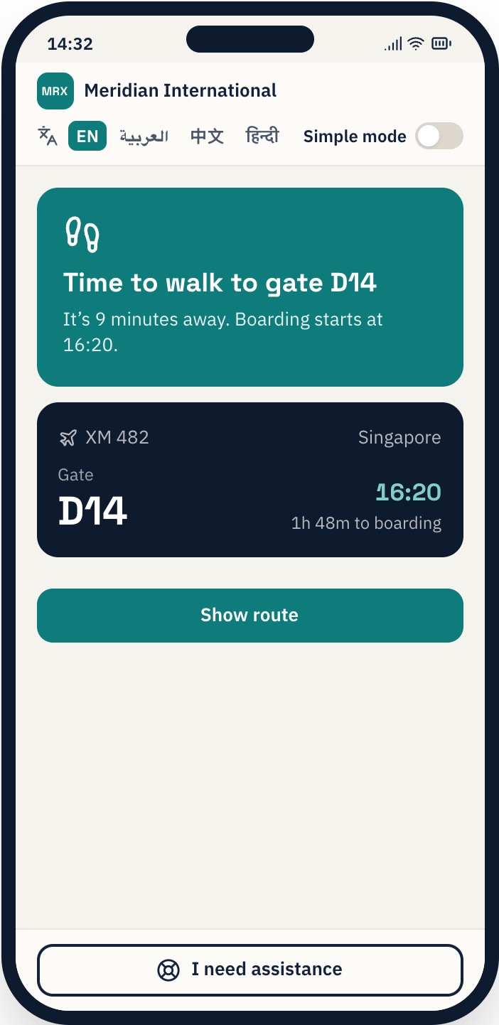 Passenger app nudge: time to walk to gate D14, 9 minutes away.