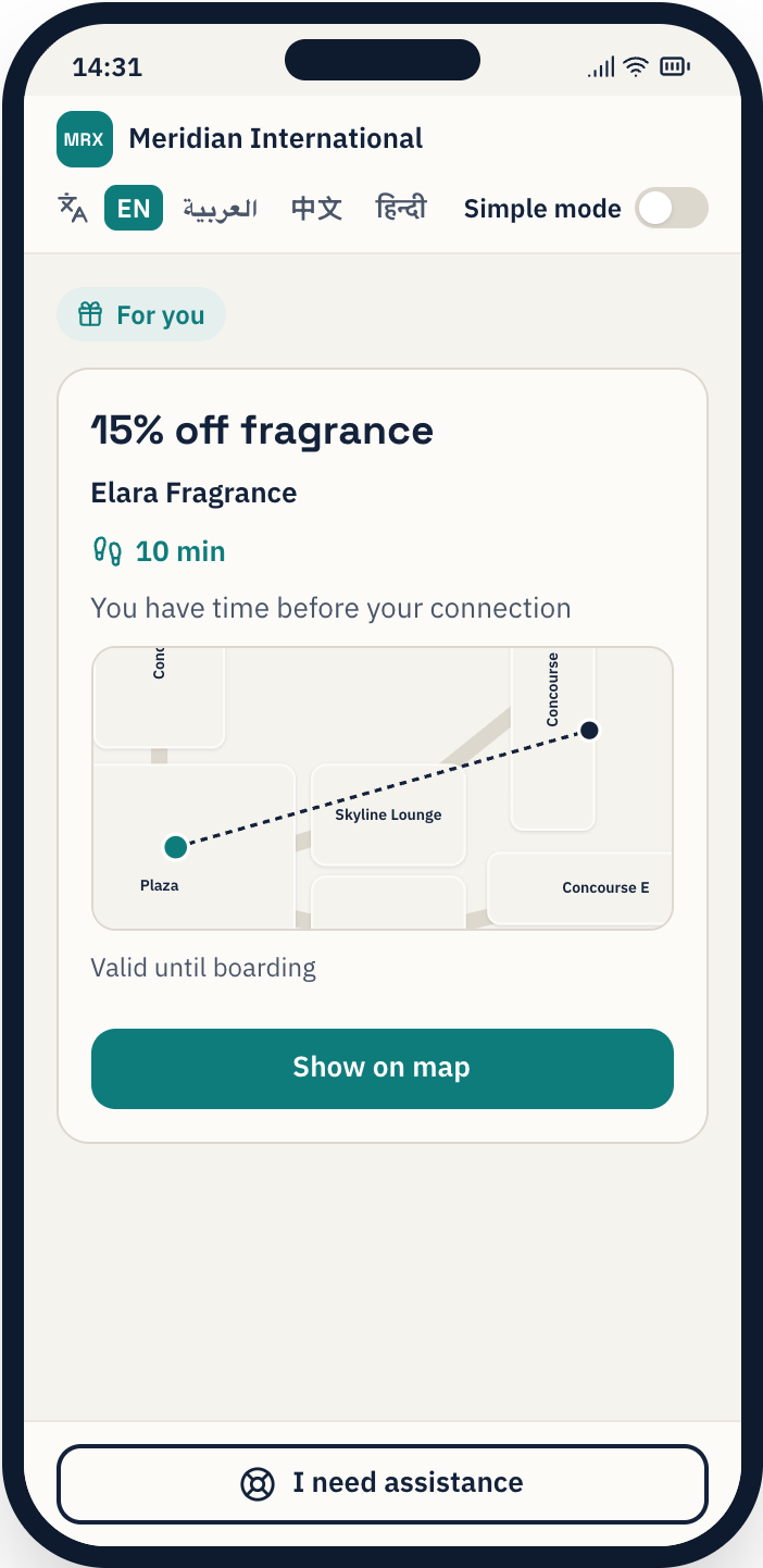 Passenger app showing a 15% fragrance offer with a map pin and walking time.