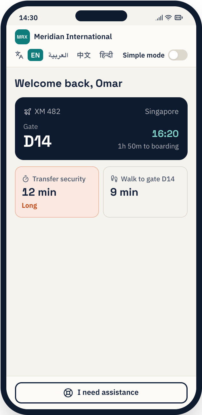 Passenger app welcome screen with the flight, gate D14, time to boarding, live security queue and walking time.